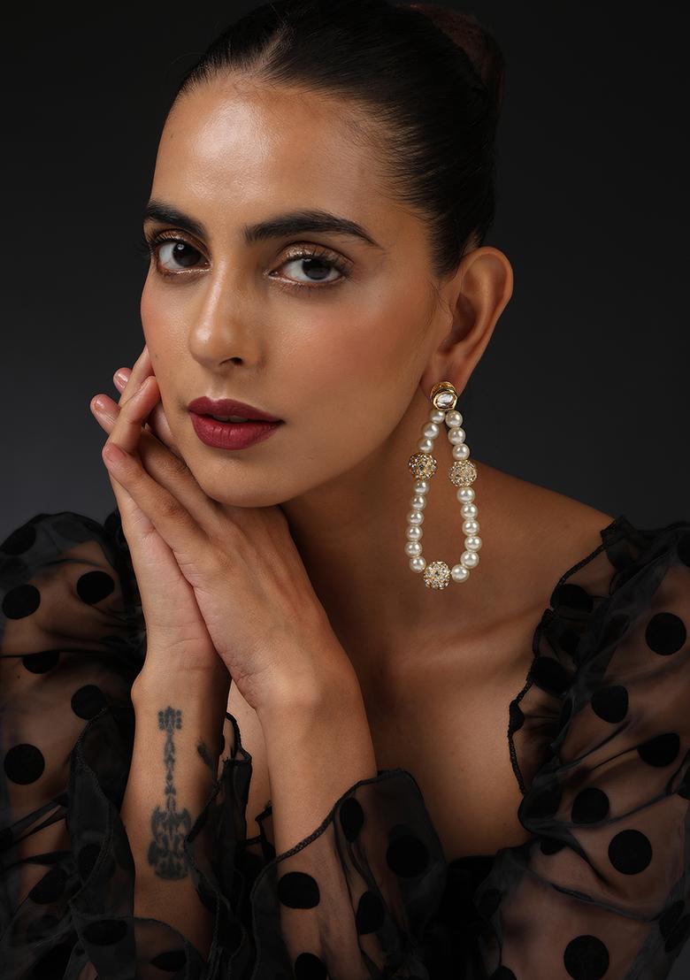 Gold Finish White Pearl Hoop Earrings - Indya