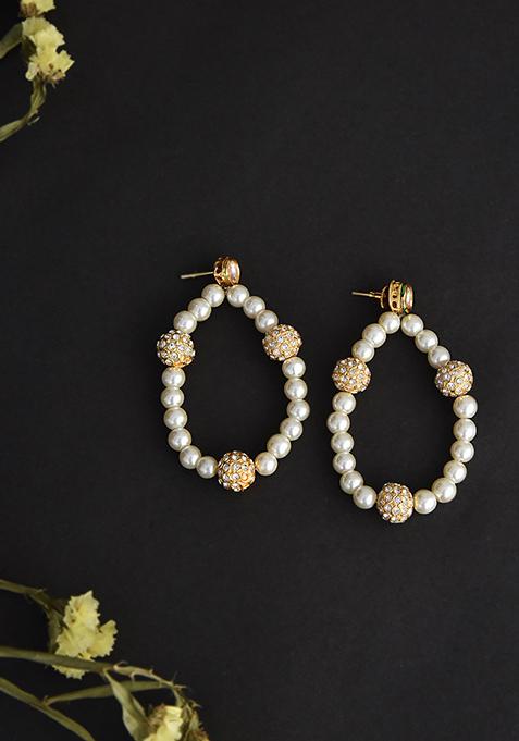 Gold Finish White Pearl Hoop Earrings