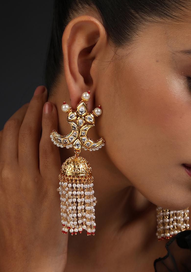 Gold Tone Kundan And White Pearl Jhumka Earrings