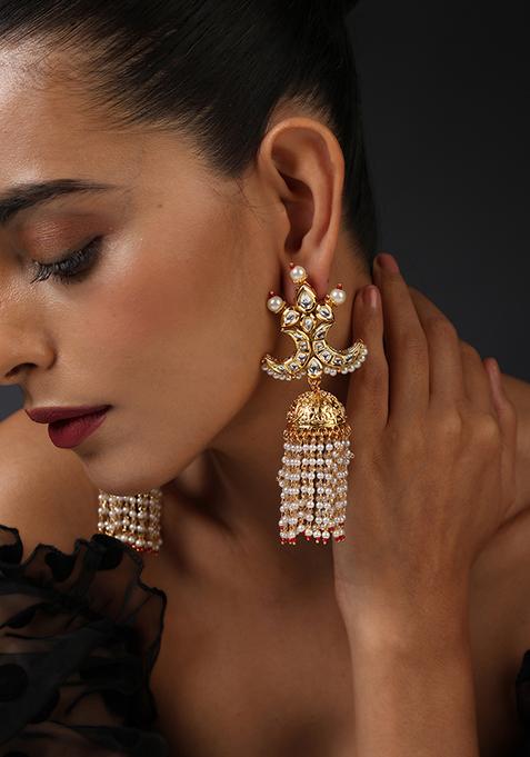 Gold Tone Kundan And White Pearl Jhumka Earrings