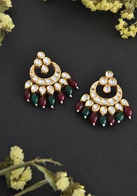 Gold Finish Red And Green Kundan Chandbali Earrings