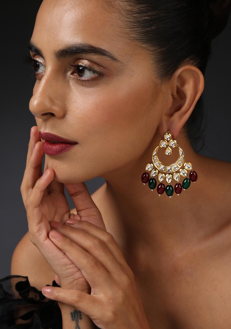 Gold Finish Red And Green Kundan Chandbali Earrings