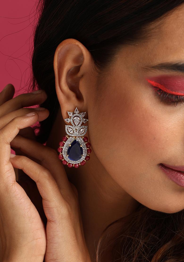 Blue Silver Tone Zirconia Dangler Earrings - Indya