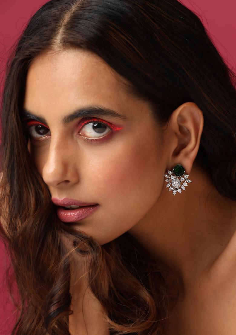 Green Silver Tone Zirconia Earrings - Indya