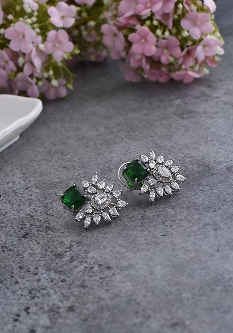 Green Silver Tone Zirconia Earrings