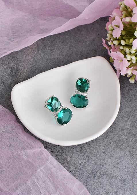 Emerald Silver Tone Zirconia Stud Earrings
