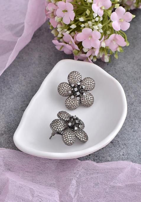 Silver Tone Zirconia Floral Stud Earrings