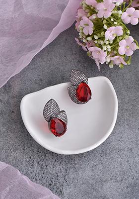 Silver Finish Red Zirconia Stud Earrings