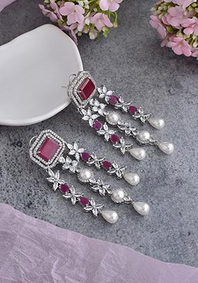 Red Silver Tone Zirconia And Pearl Dangler Earrings