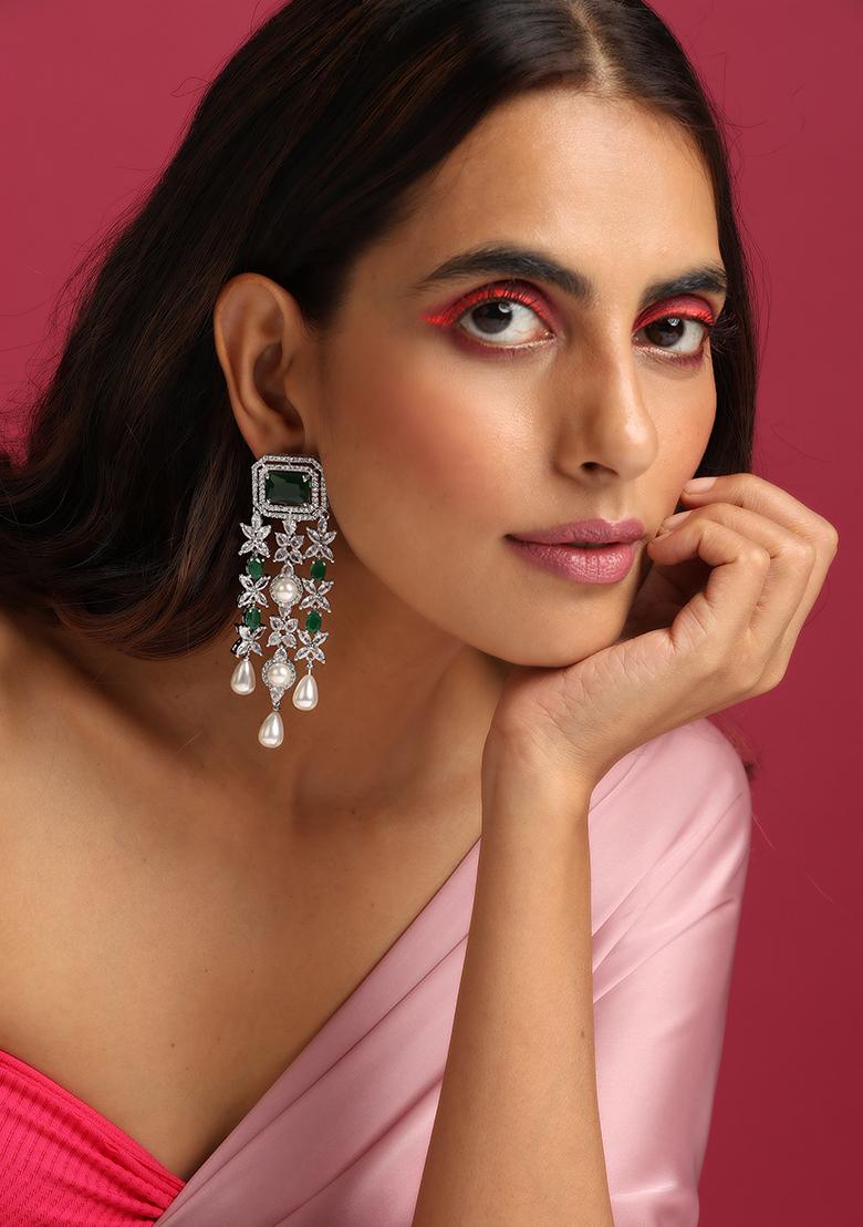Green Silver Tone Zirconia And Pearl Dangler Earrings - Indya