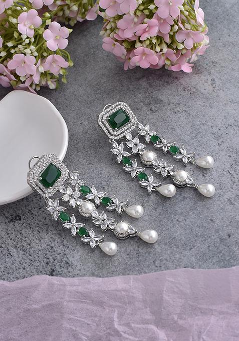 Green Silver Tone Zirconia And Pearl Dangler Earrings