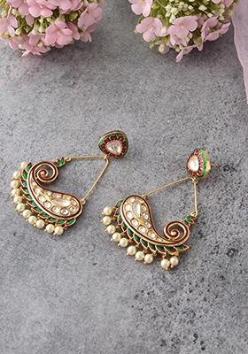 Red And Green Gold Tone Kundan Dangler Earrings