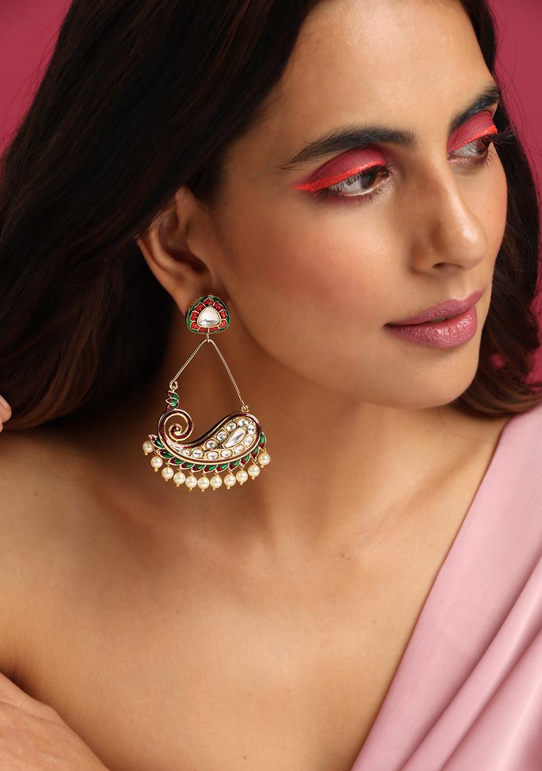 Red And Green Gold Tone Kundan Dangler Earrings