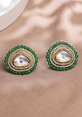 Green Beaded Gold Finish Stud Earrings