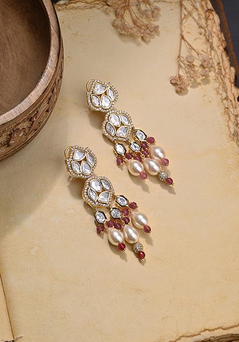 Red And White Pearl Beaded Dangler Earrings
