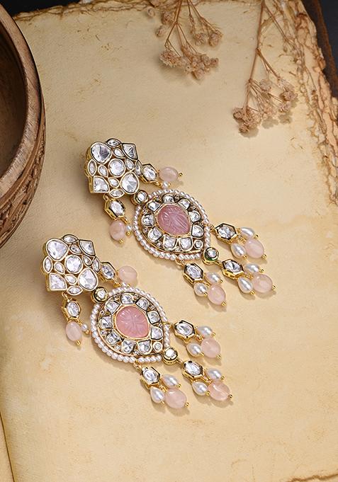 Gold Finish Pink Stone Dangler Earrings