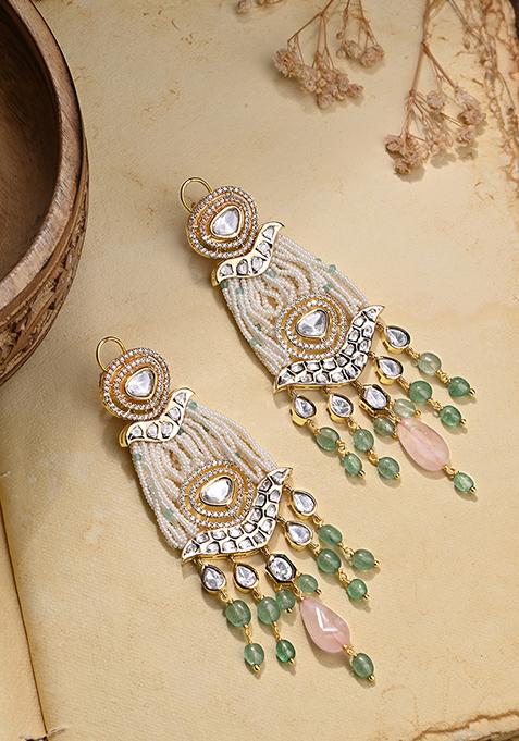 Gold Finish Pink And Ivory Chandelier Earrings