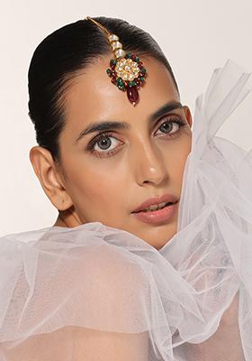 Red And Green Gold Tone Kundan Maangtika