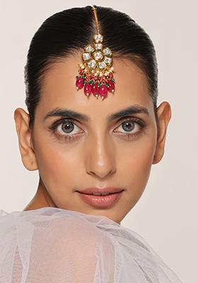 Red And Green Bead Gold Tone Kundan Maangtika