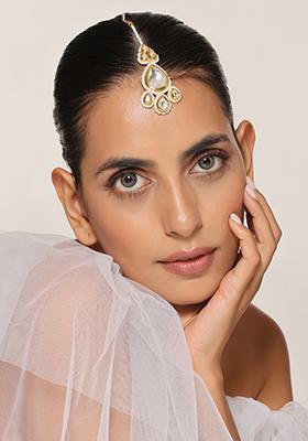 Gold Finish Polki Pearl Maangtika