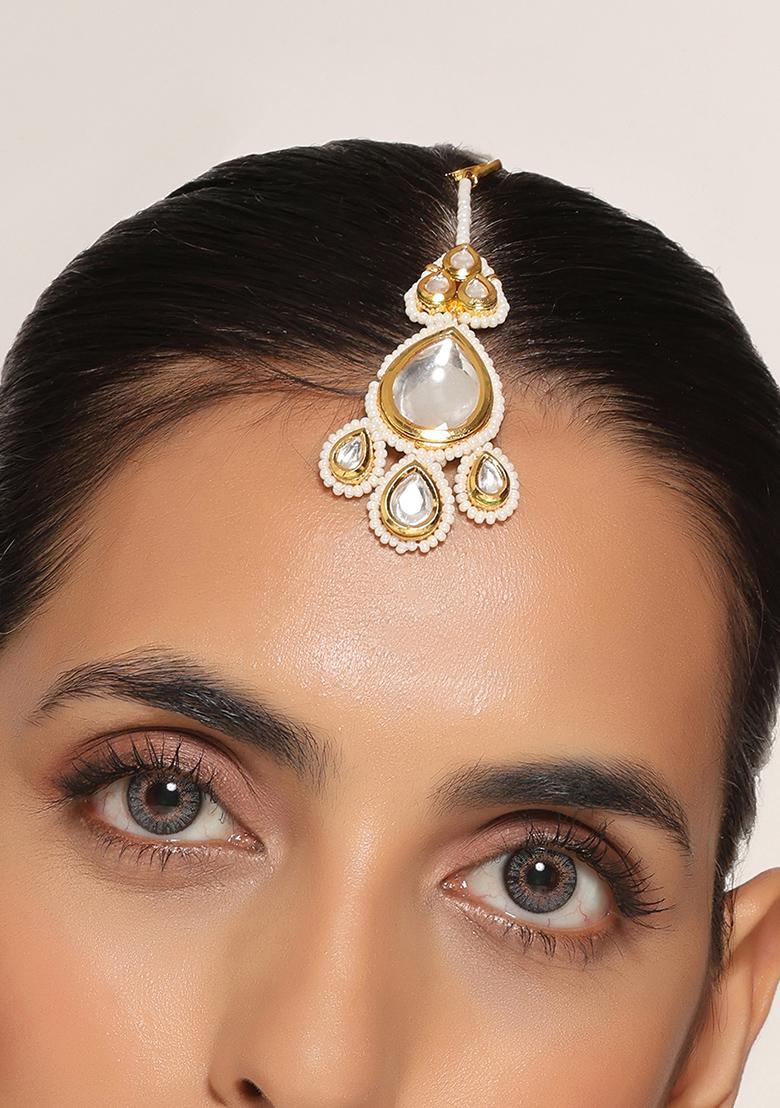 Gold Finish Polki Pearl Maangtika