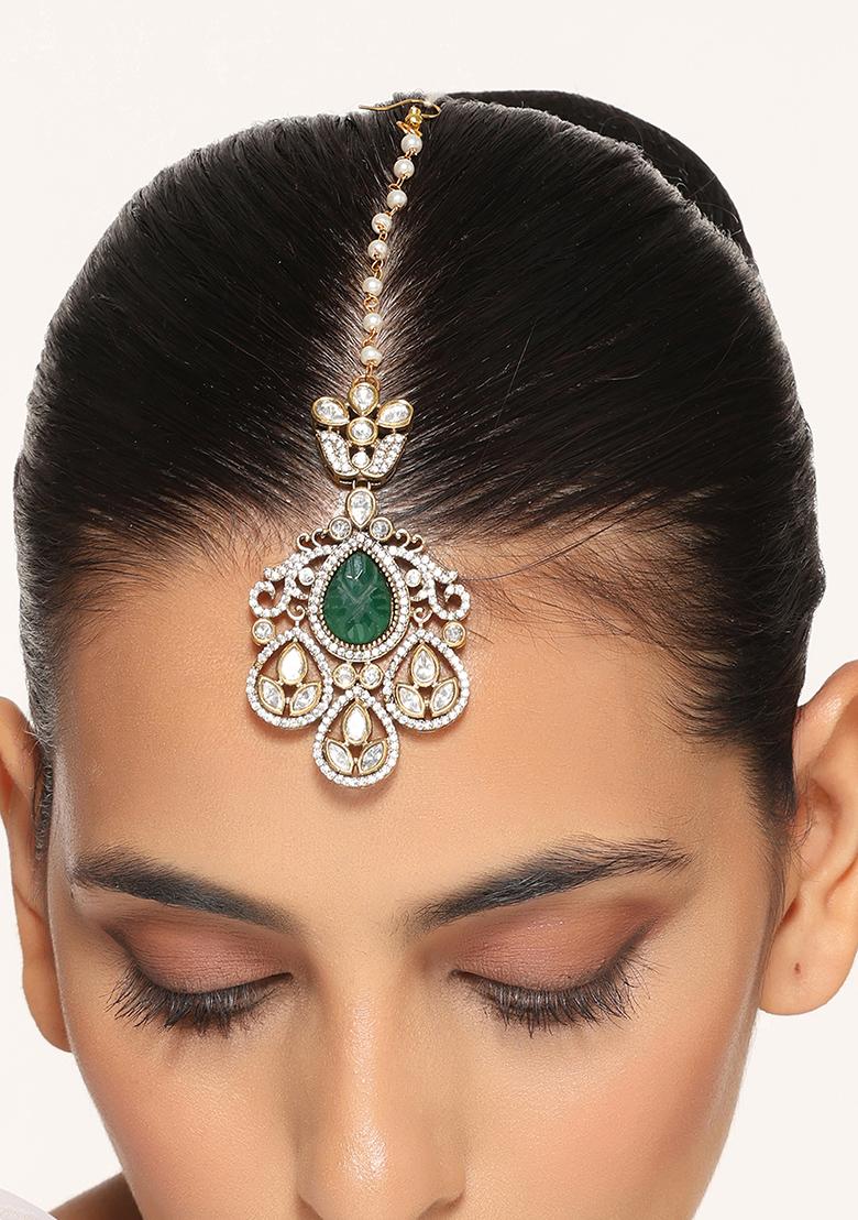 Green Silver Tone Polki Maangtika