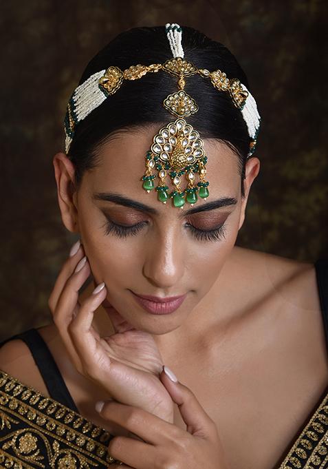Green Gold Tone Kundan And Pearl Matha Patti