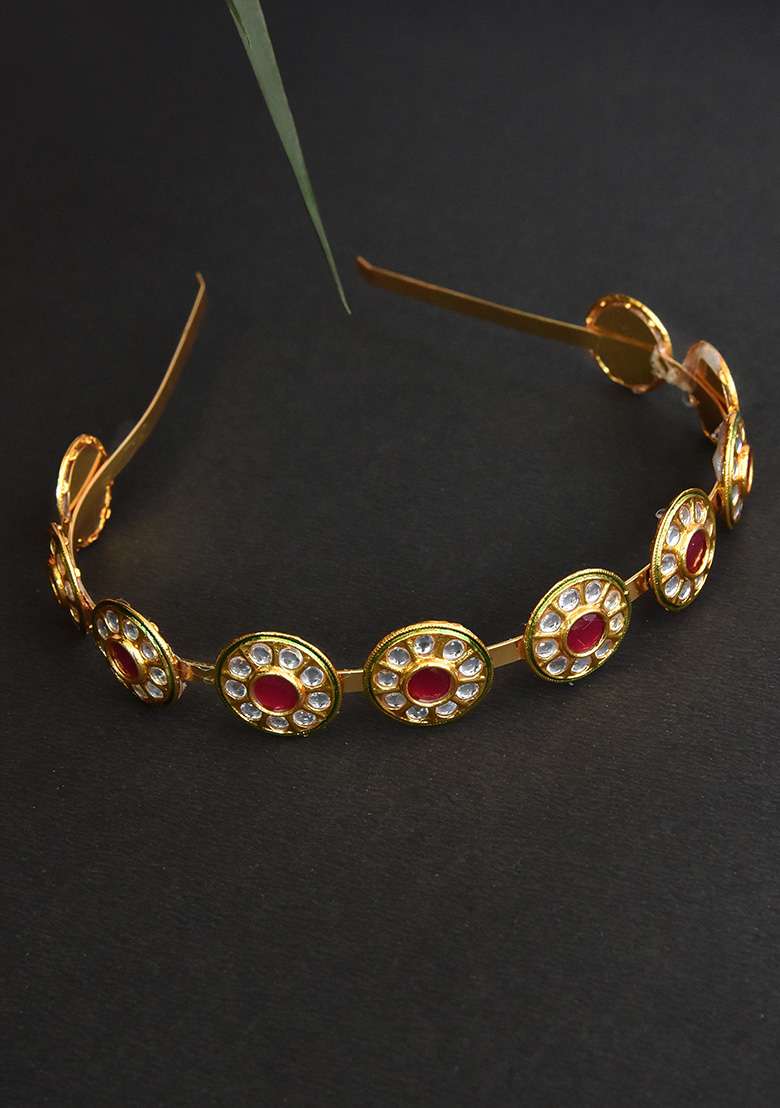 Red Gold Tone Kundan Headband - Indya