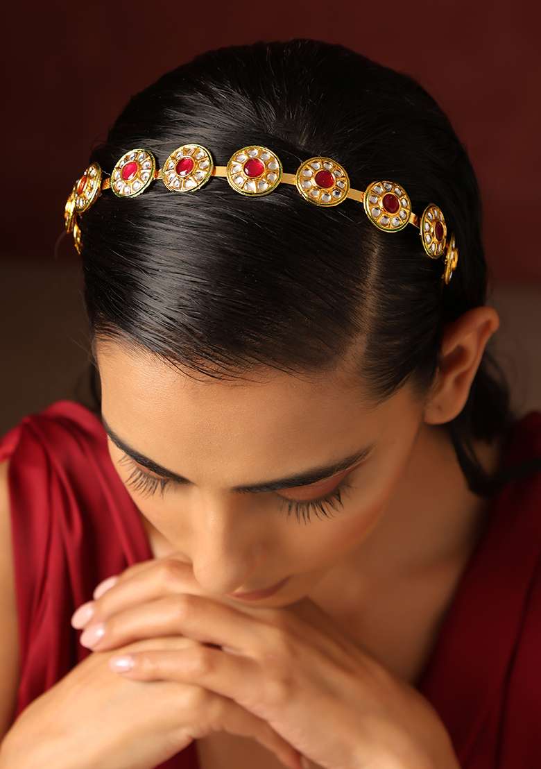 Red Gold Tone Kundan Headband - Indya