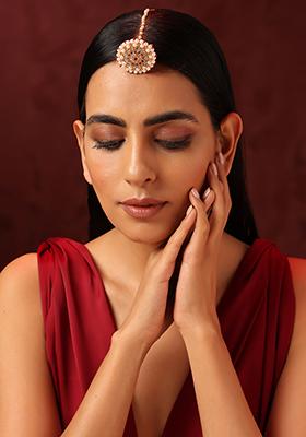 Red Gold Tone Kundan And Pearl Borla Maangtika