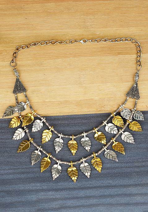 Dual Tone Leaf Brass Necklace