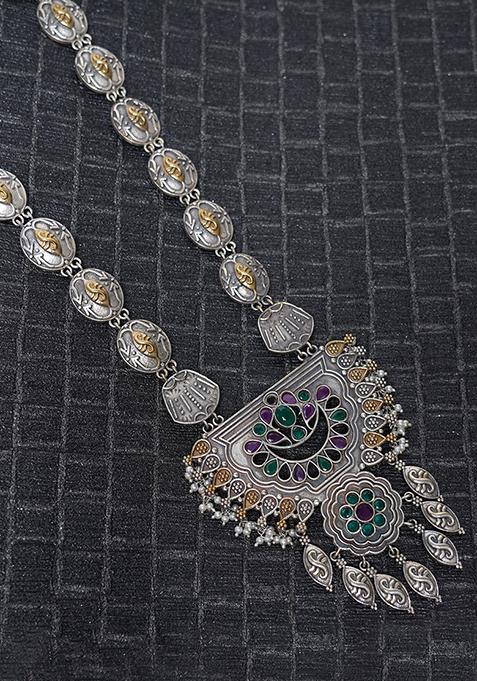 Silver Finish Tribal Brass Long Necklace