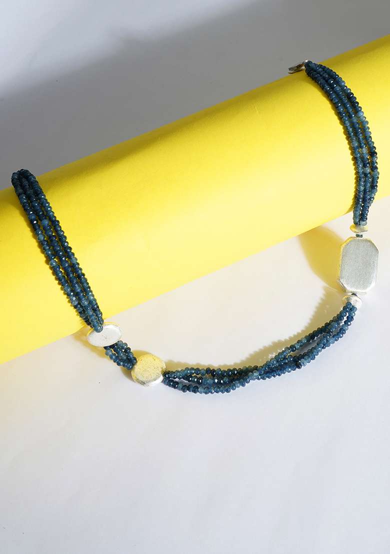 Blue Beaded Brass Necklace - Indya