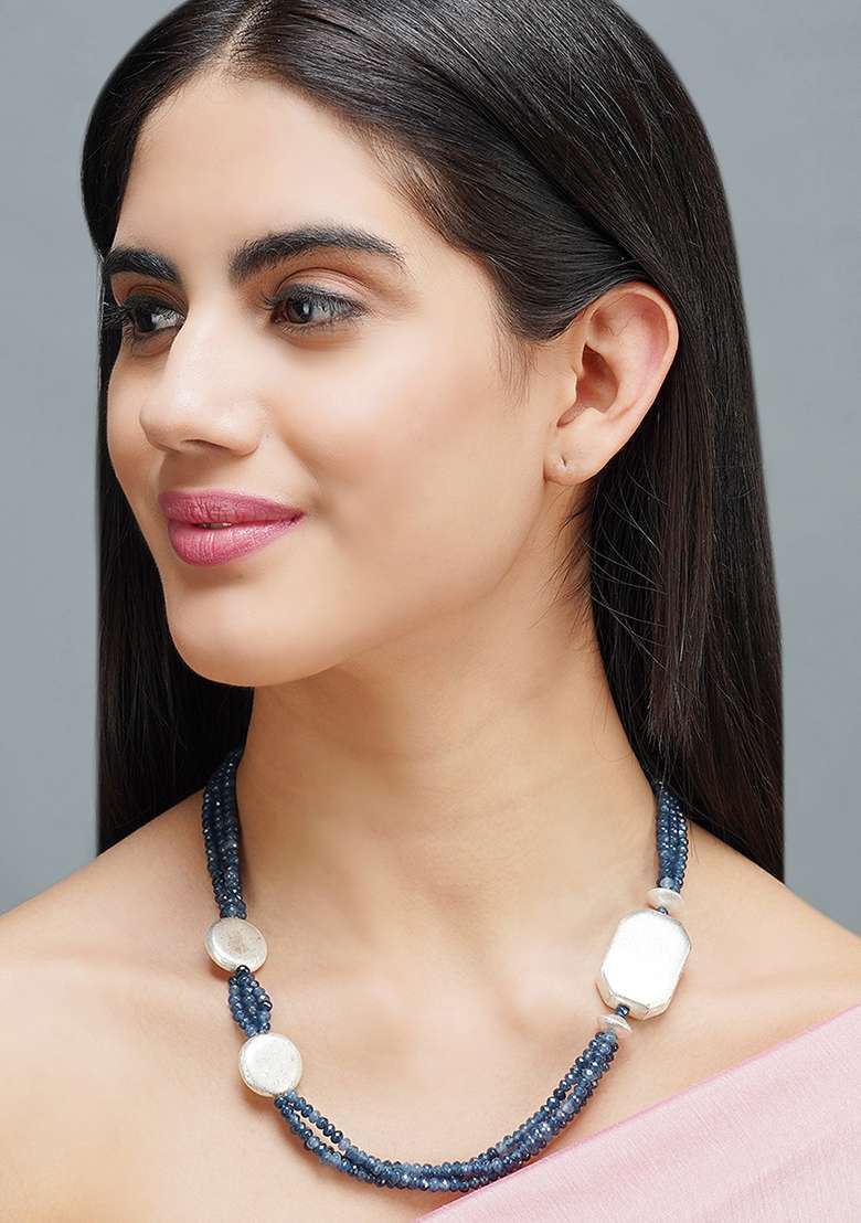 Blue Beaded Brass Necklace - Indya