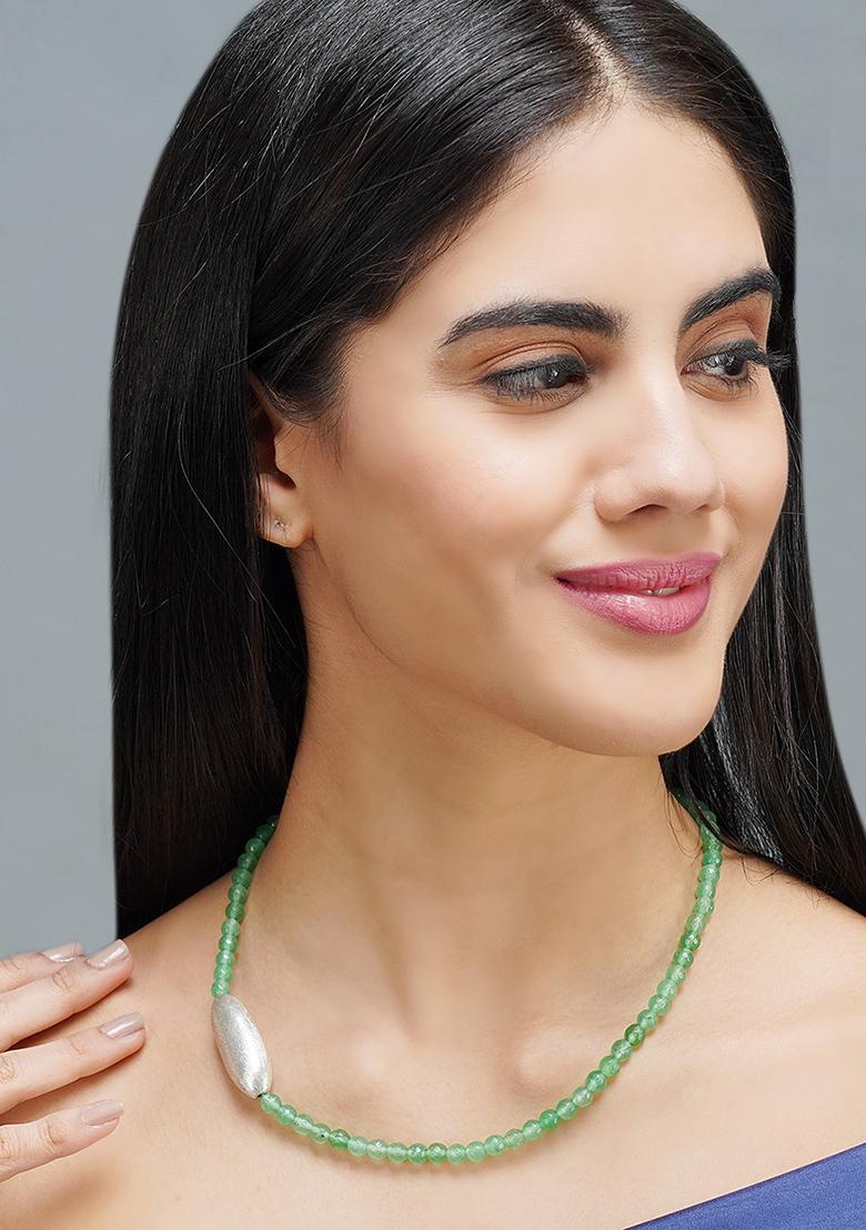 Green Beaded Brass Necklace - Indya