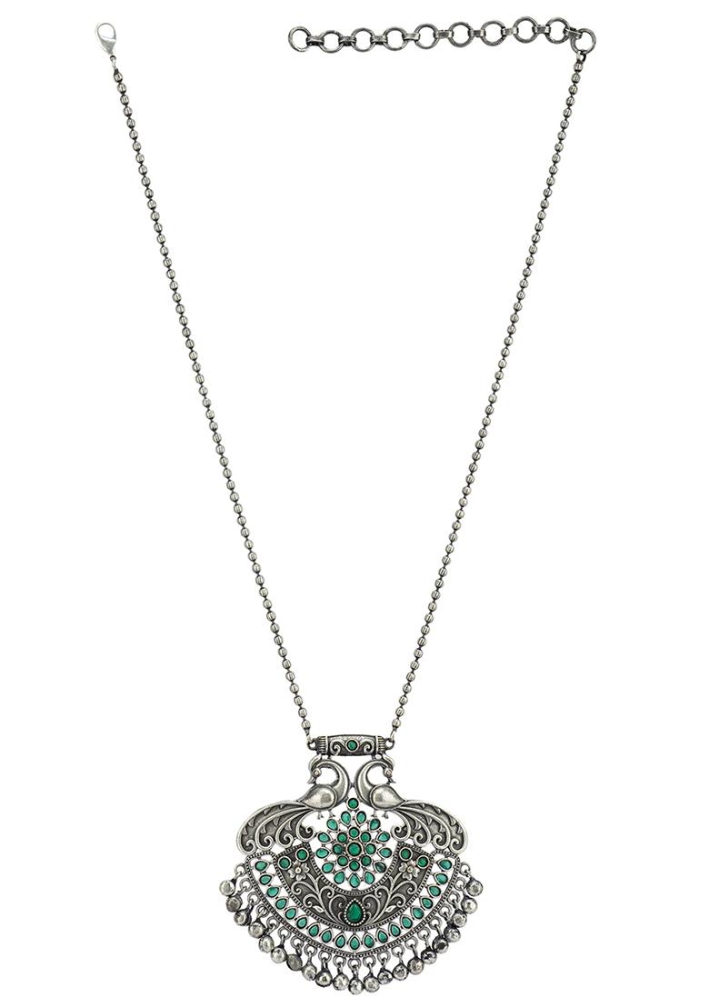 Silver Tone Peacock Motif Brass Long Necklace