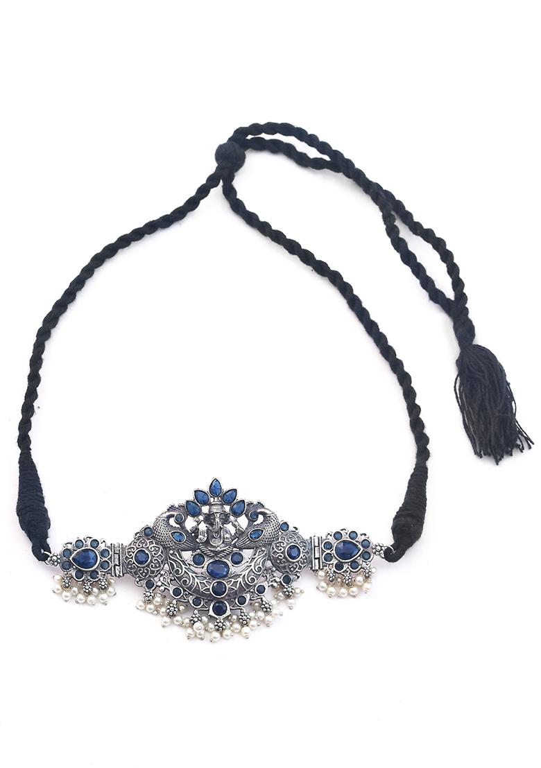 Silver Tone Blue Stone Brass Choker Necklace