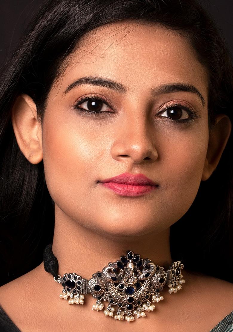 Silver Tone Blue Stone Brass Choker Necklace