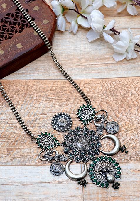 Green Handcrafted Silver Tone Brass Tribal Necklace