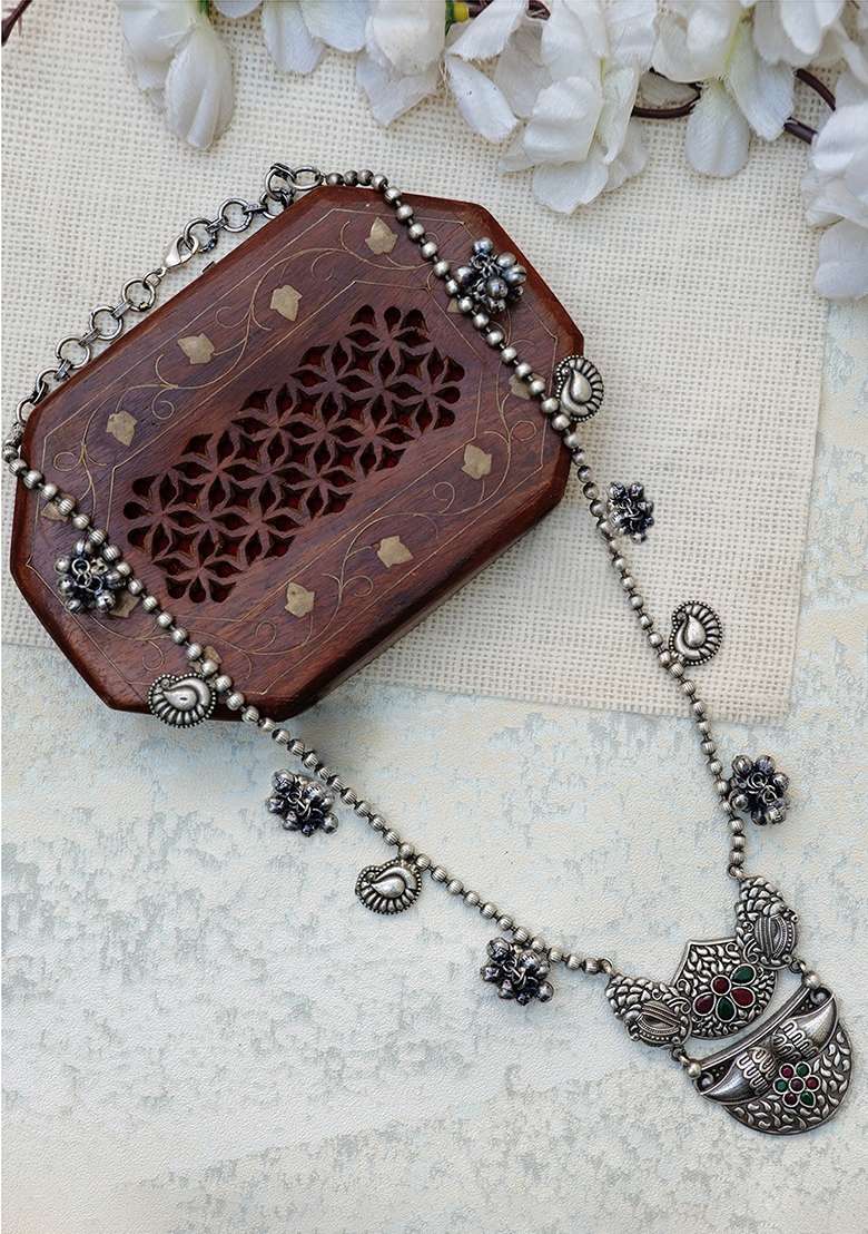 Silver Finish Stone Embellished Brass Necklace - Indya