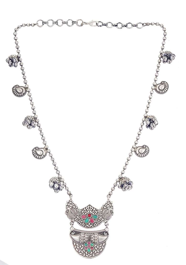 Silver Finish Stone Embellished Brass Necklace - Indya