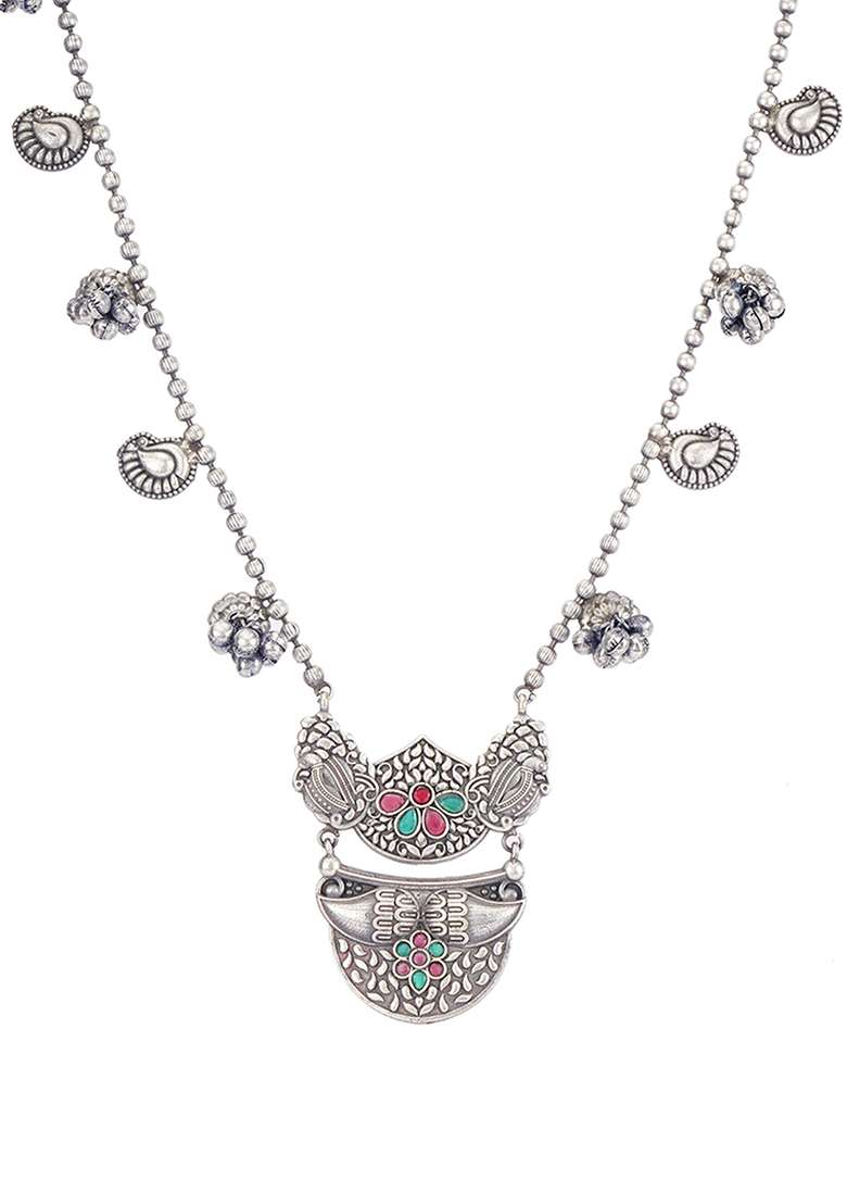 Silver Finish Stone Embellished Brass Necklace - Indya