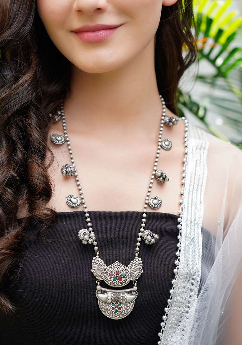 Silver Finish Stone Embellished Brass Necklace - Indya