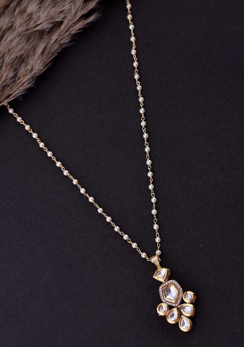 Gold Finish Kundan Floral Pendant Necklace - Indya