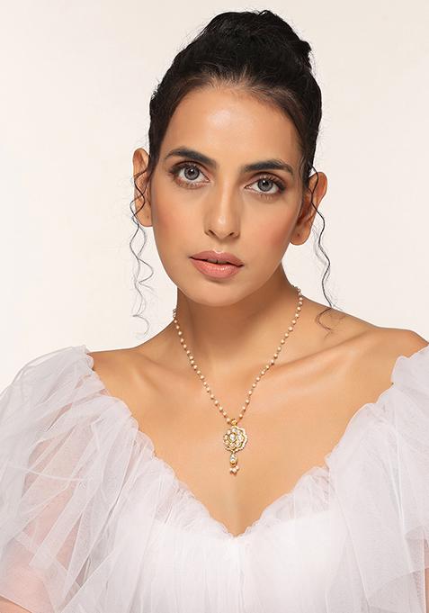White Gold Tone Kundan And Pearl Pendant Necklace