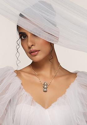 Grey Rhodium Finish Kundan Pendant Necklace