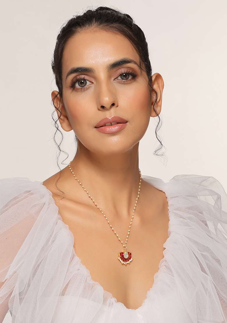 Red Gold Tone Polki Pendant Necklace - Indya