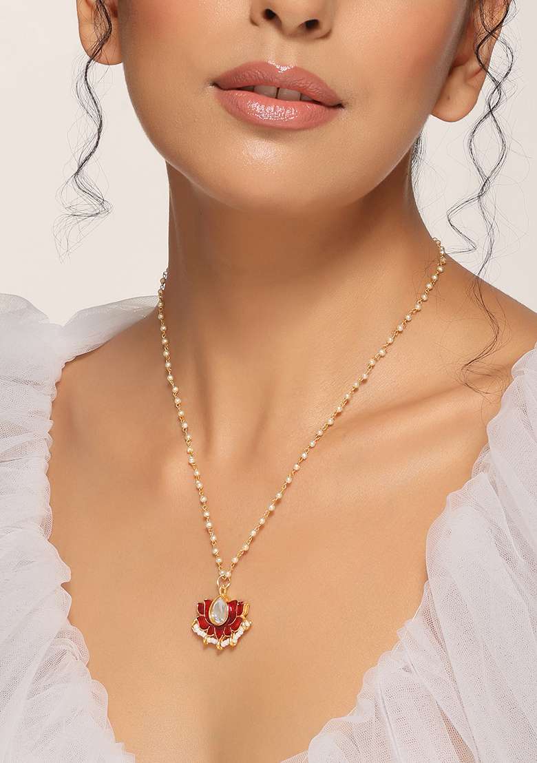 Red Gold Tone Polki Pendant Necklace - Indya