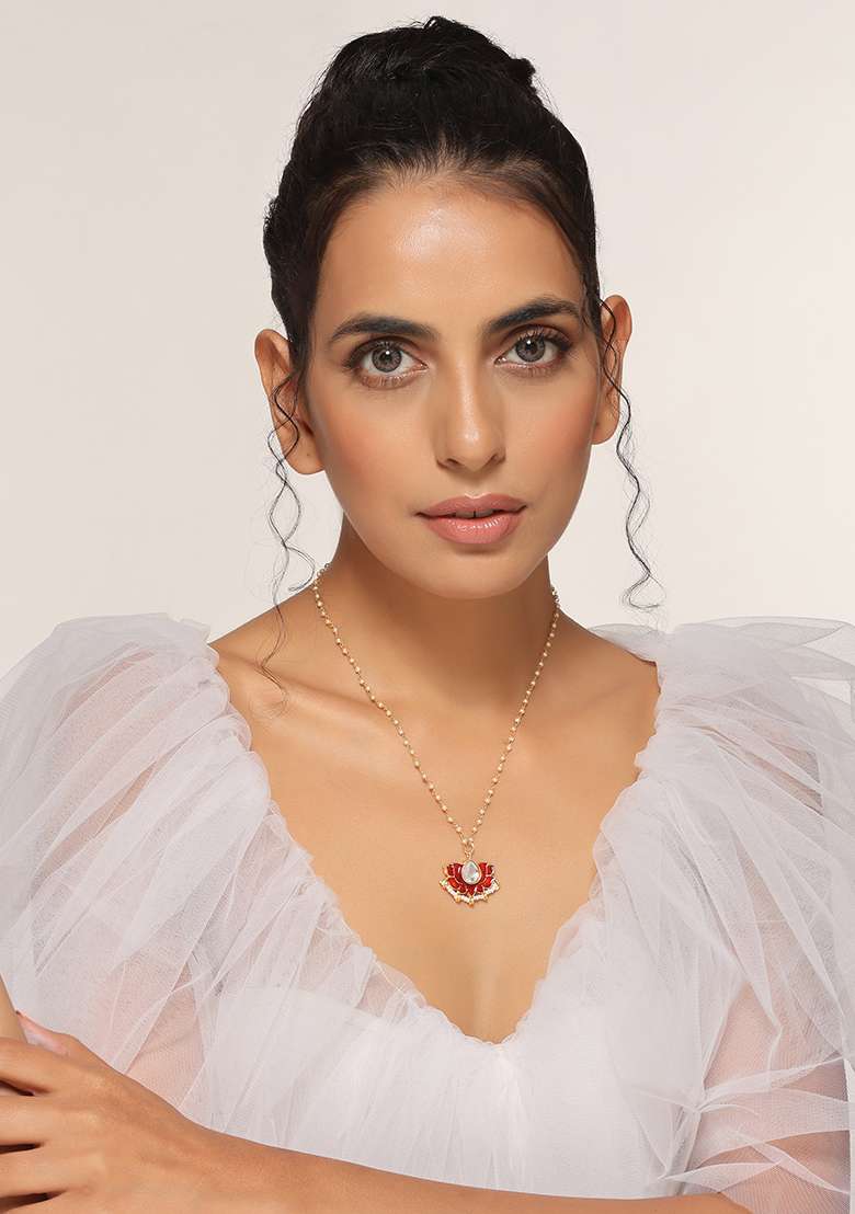Red Gold Tone Polki Pendant Necklace - Indya