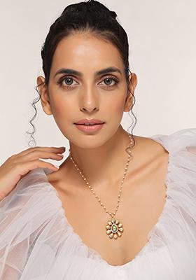Gold Tone Kundan Floral Pendant Necklace